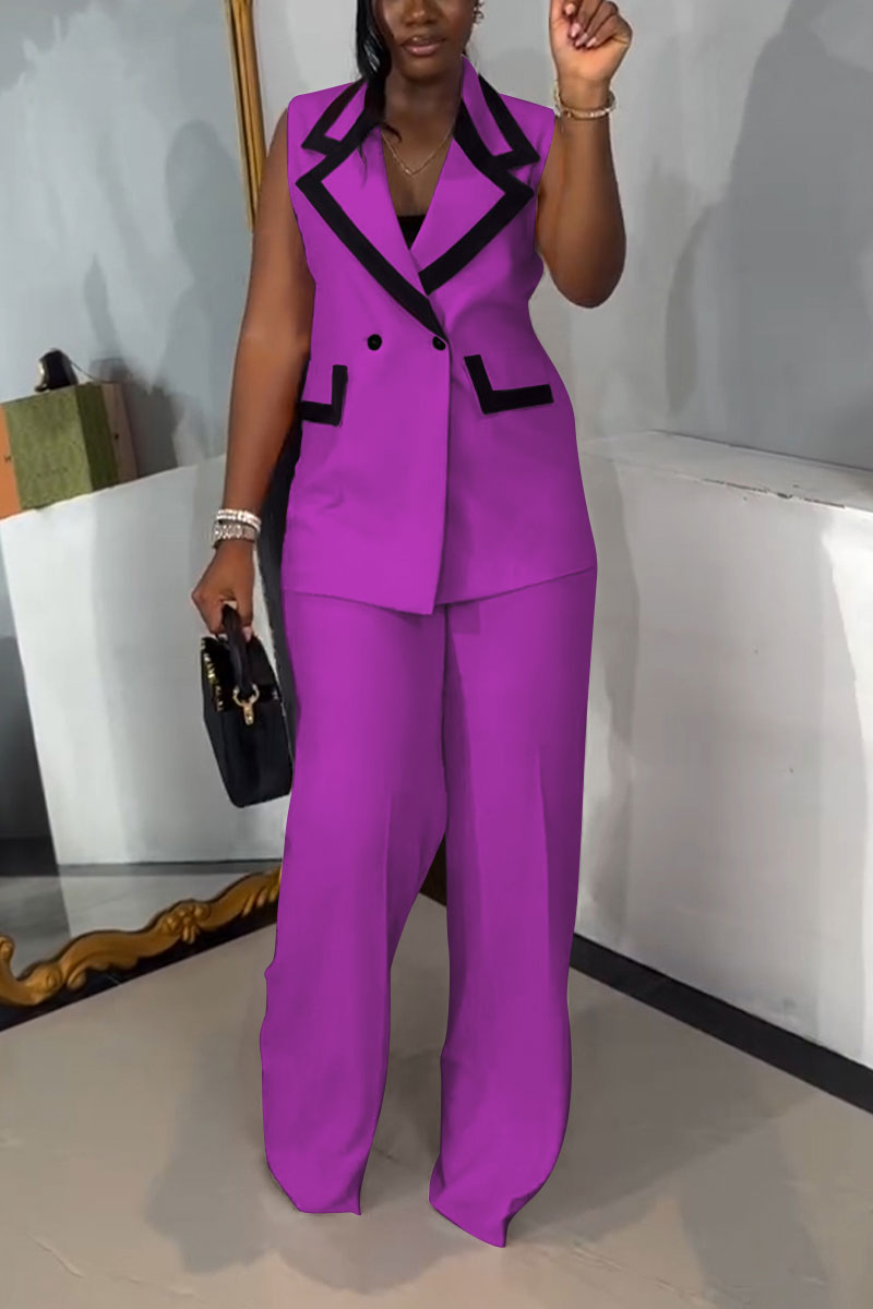 Sleeveless Contrast Color Blazer Suit