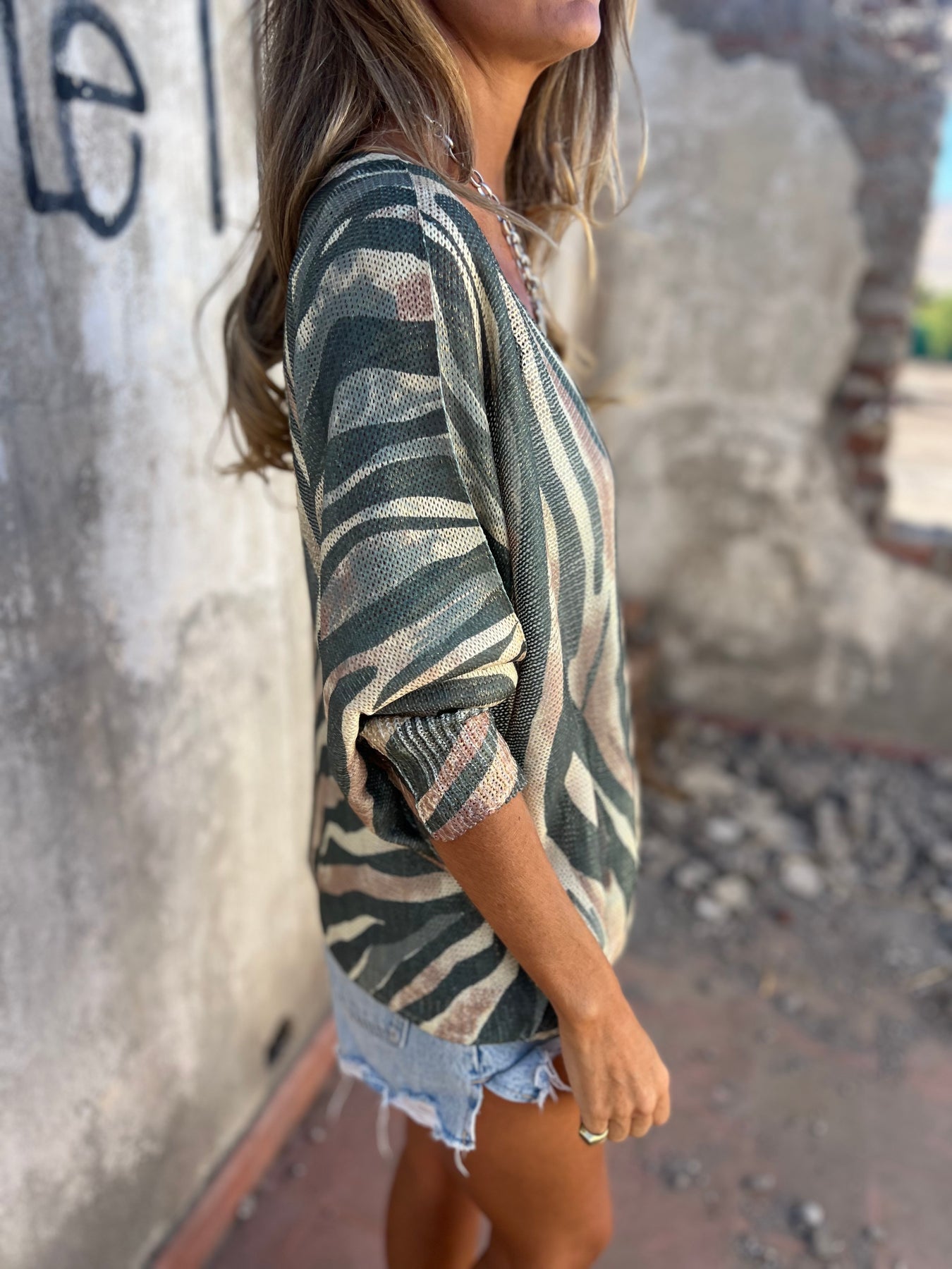 V-neck Printed Knitted Loose Sweater