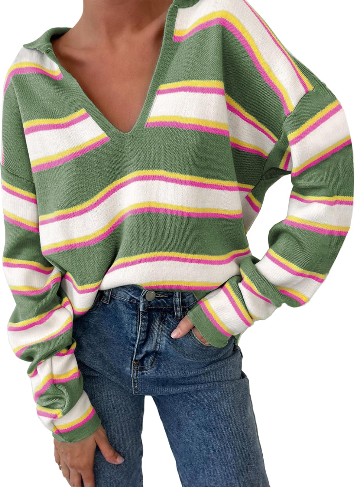 Women‘s Long Sleeve V-neck Striped Knit Jumper