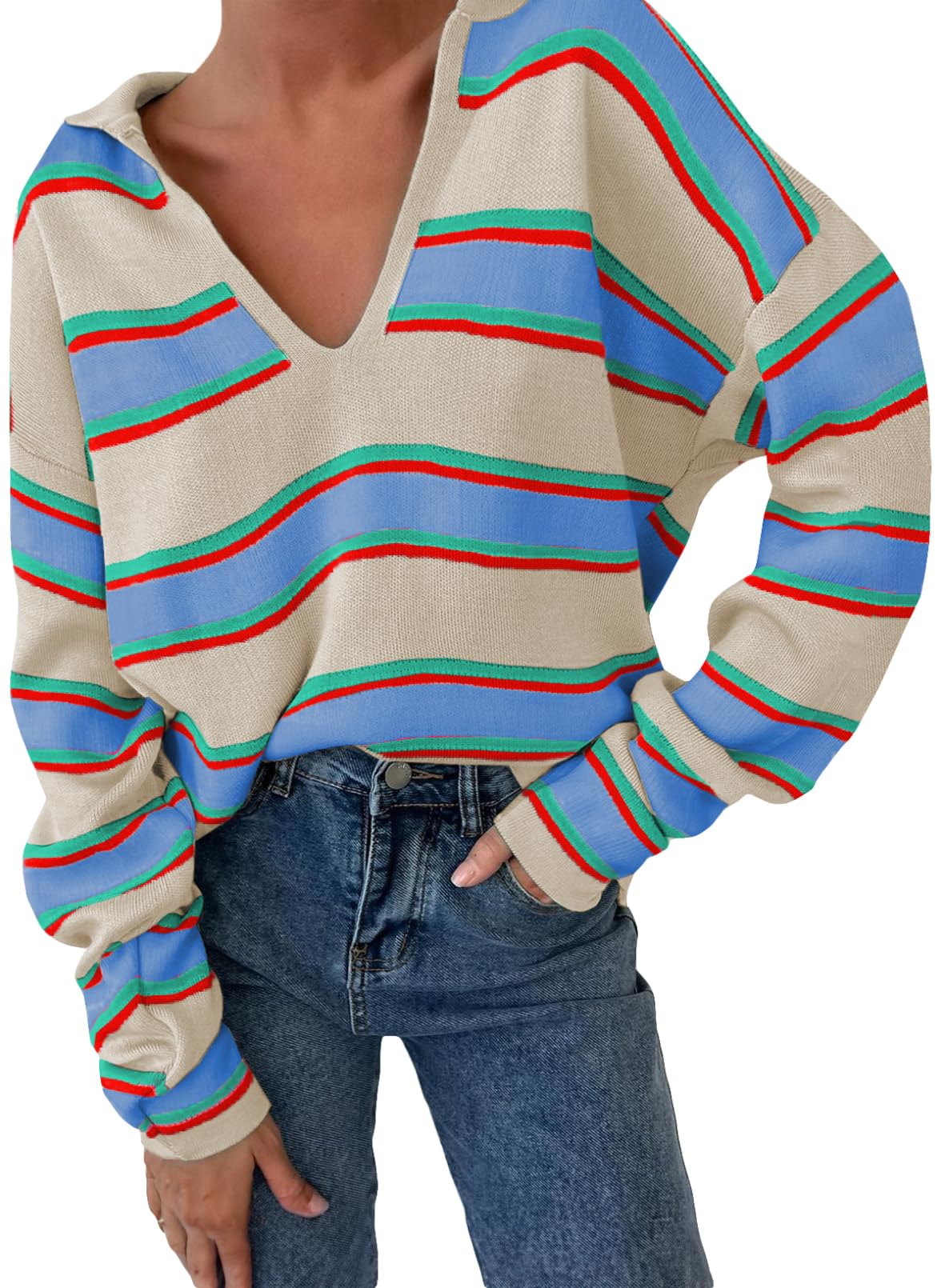 Women‘s Long Sleeve V-neck Striped Knit Jumper