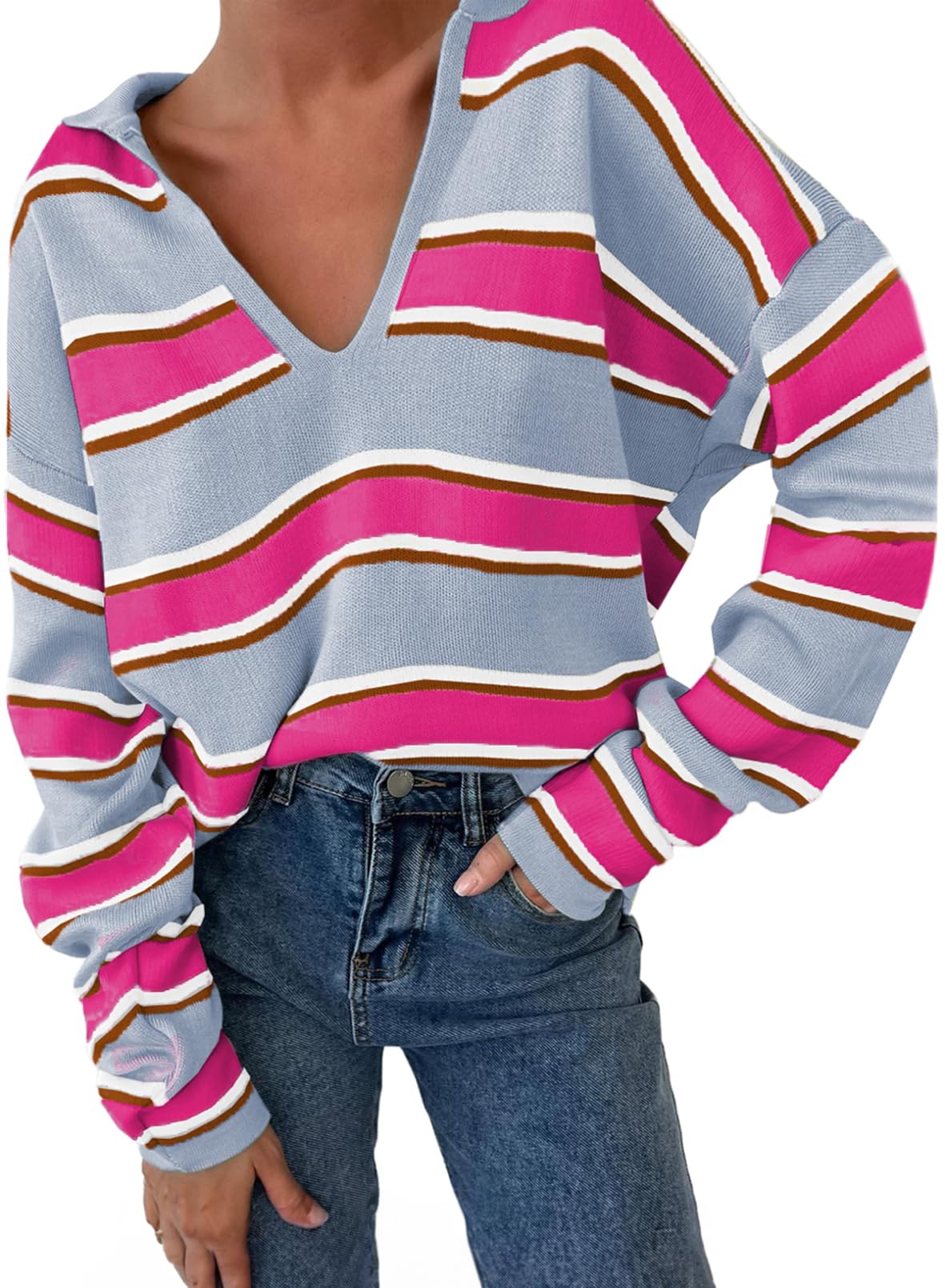 Women‘s Long Sleeve V-neck Striped Knit Jumper