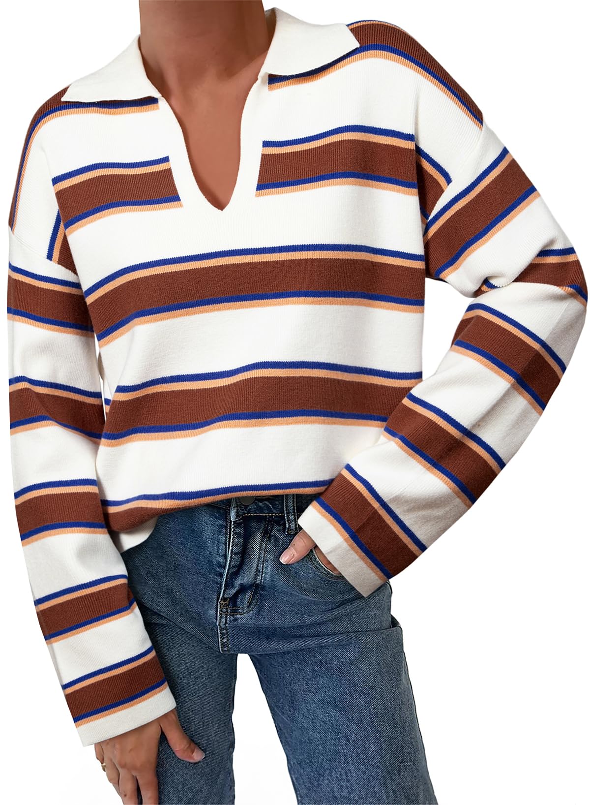 Women‘s Long Sleeve V-neck Striped Knit Jumper
