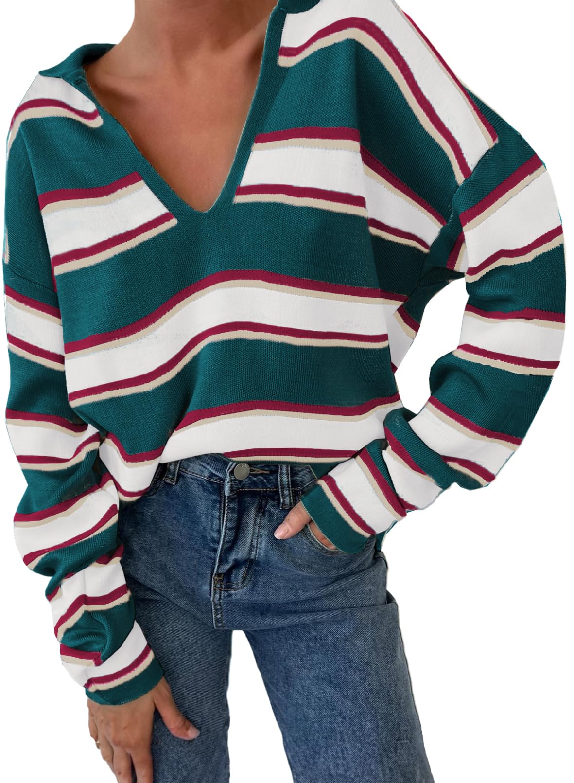 Women‘s Long Sleeve V-neck Striped Knit Jumper