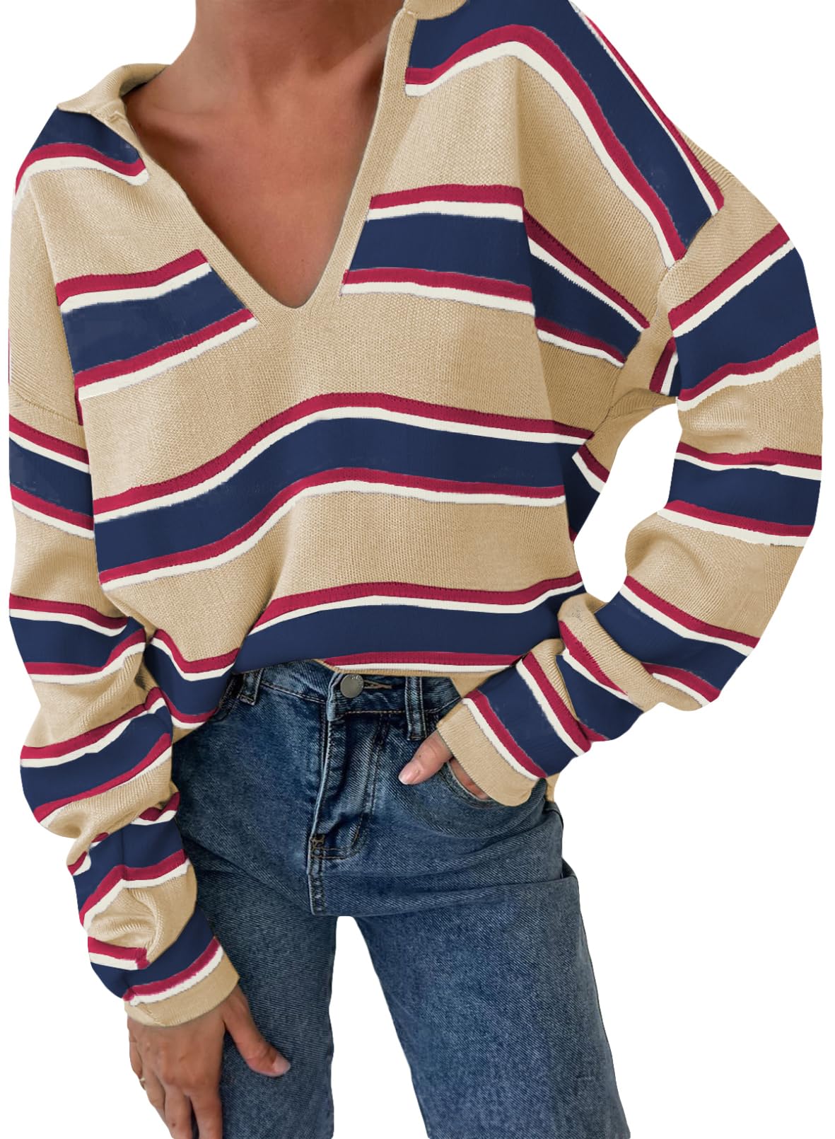Women‘s Long Sleeve V-neck Striped Knit Jumper