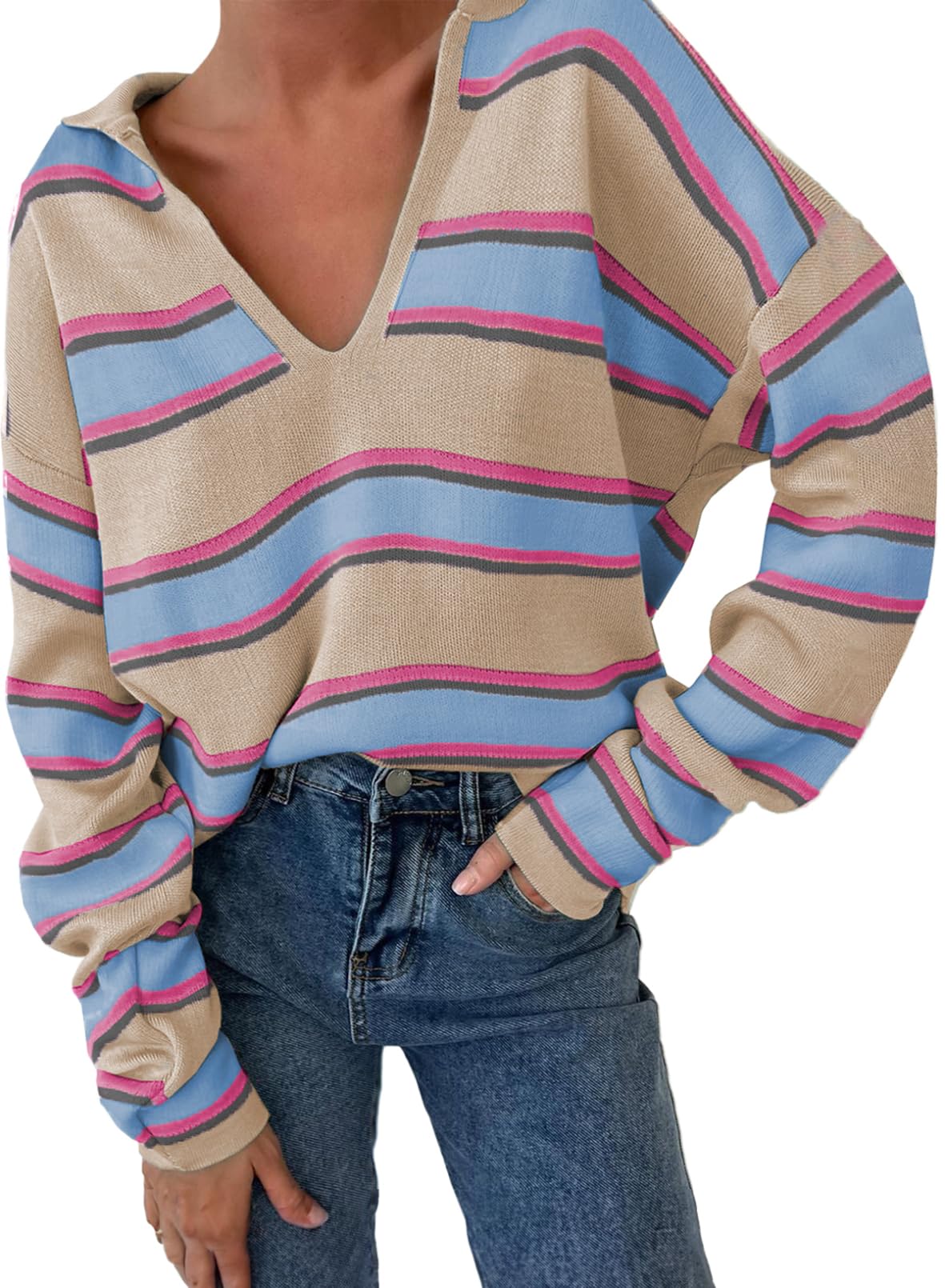 Women‘s Long Sleeve V-neck Striped Knit Jumper