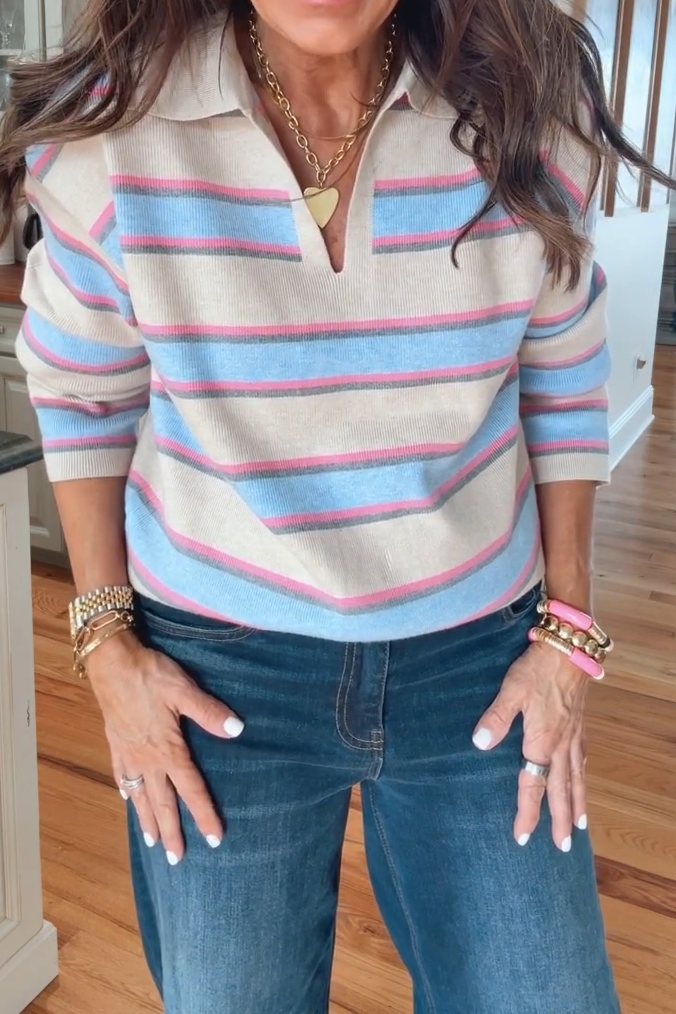 Women‘s Long Sleeve V-neck Striped Knit Jumper