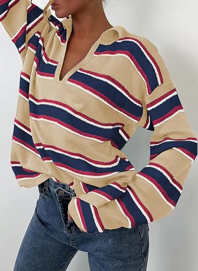 Women‘s Long Sleeve V-neck Striped Knit Jumper