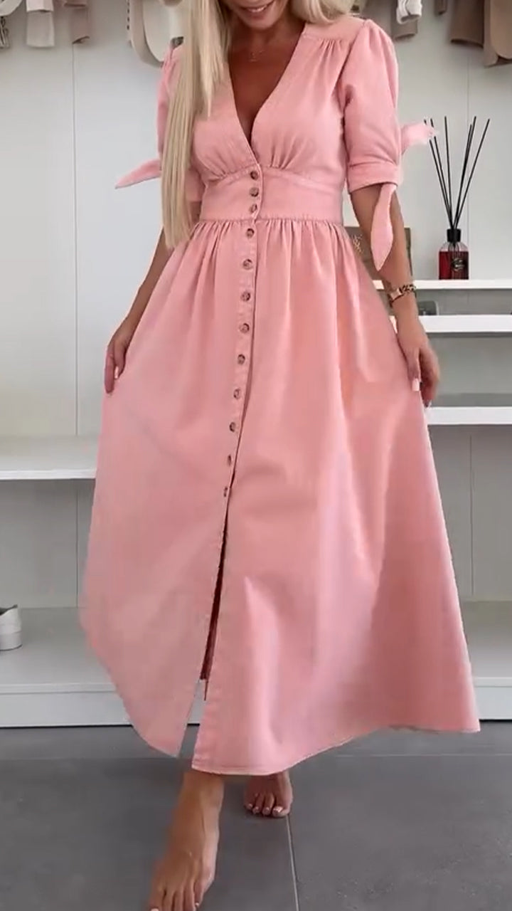 V-neck Bow Tie Button Dress