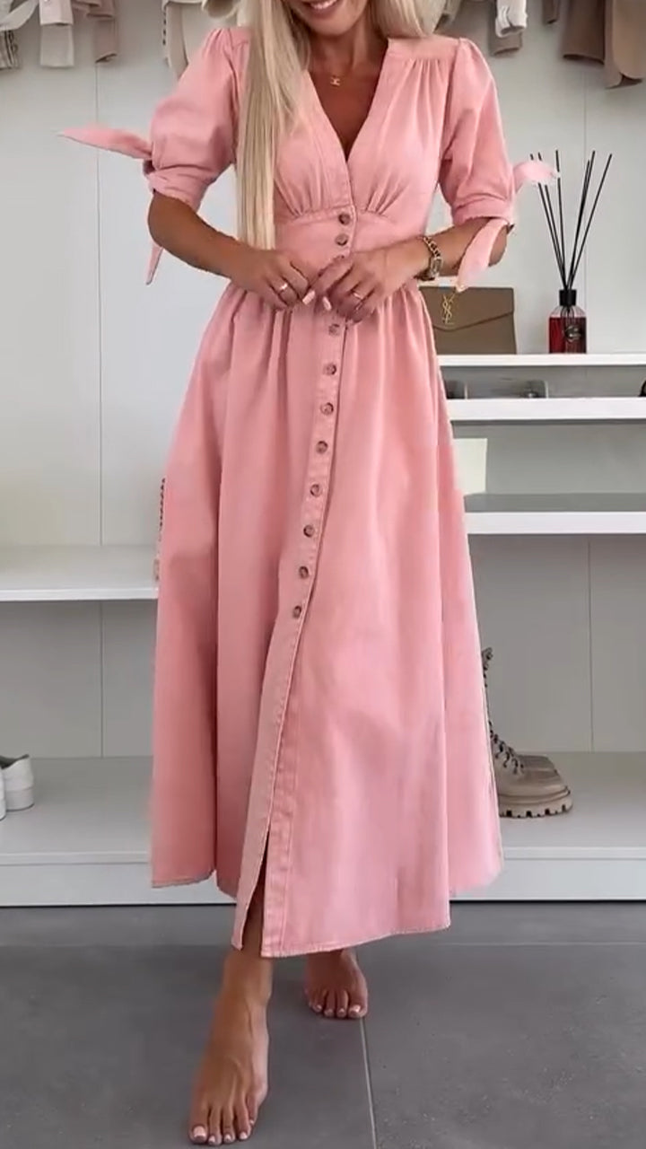 V-neck Bow Tie Button Dress