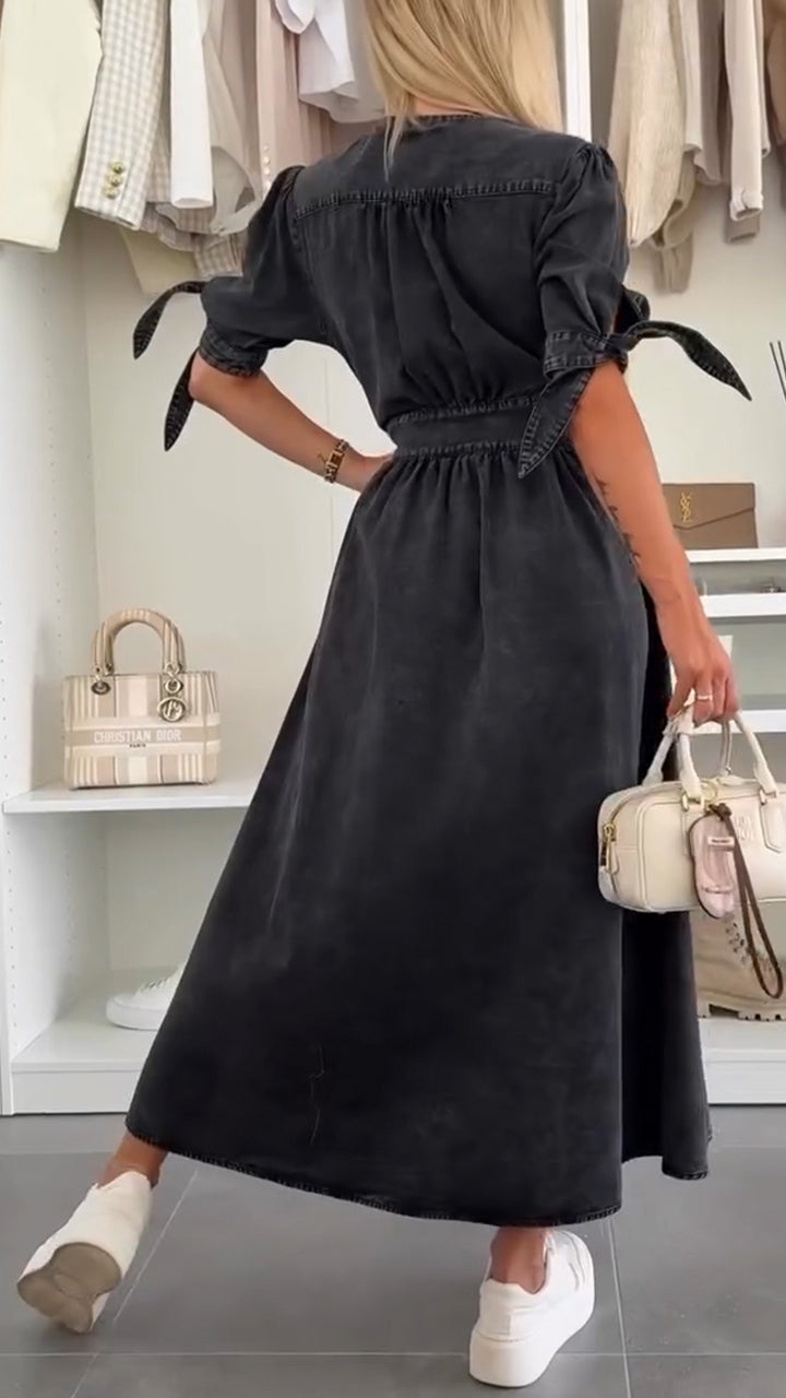 V-neck Bow Tie Button Dress