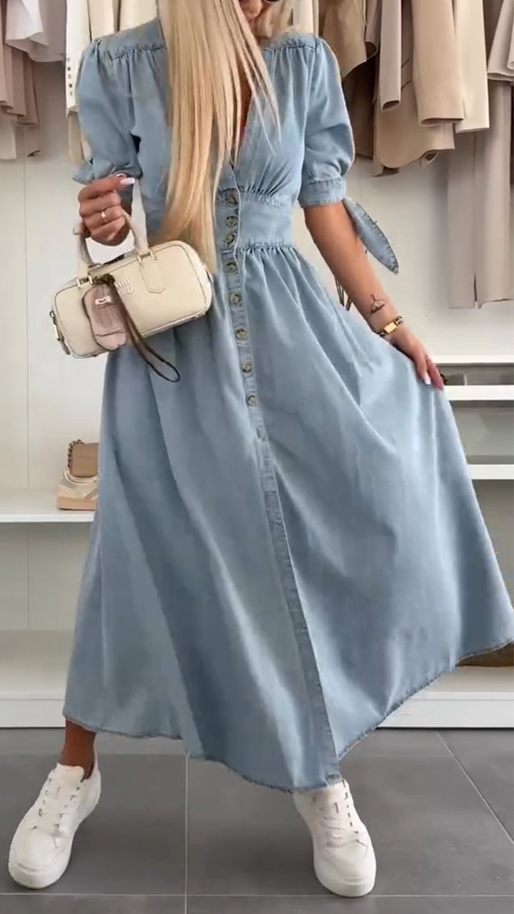 V-neck Bow Tie Button Dress