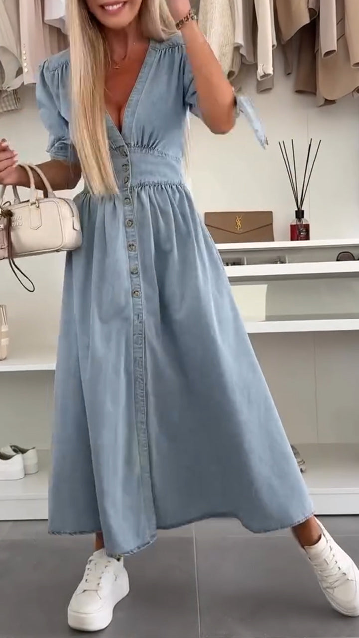 V-neck Bow Tie Button Dress