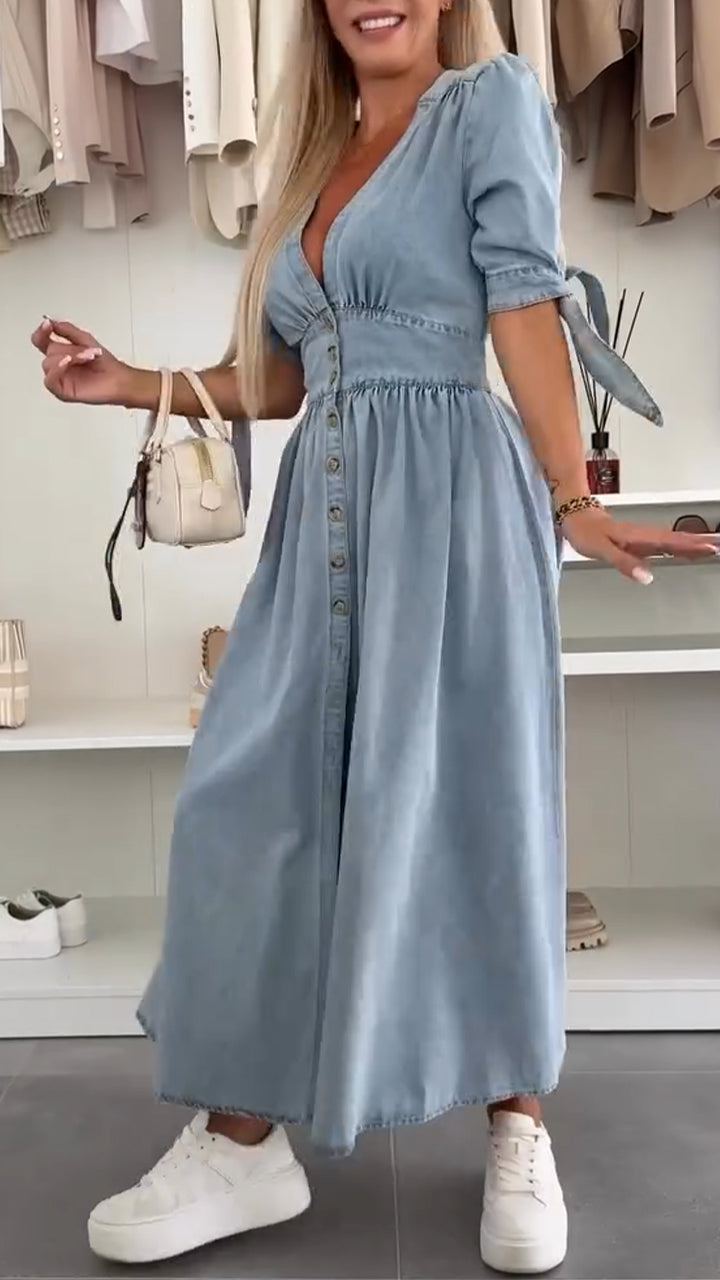 V-neck Bow Tie Button Dress