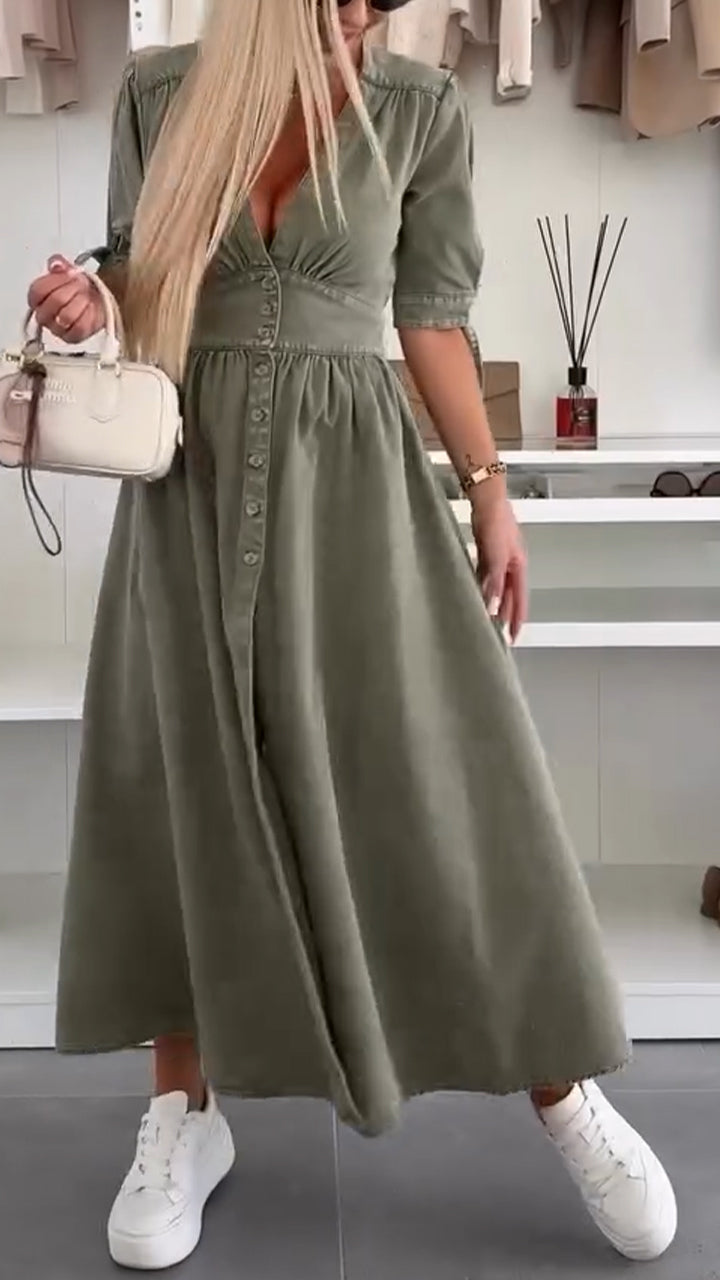 V-neck Bow Tie Button Dress