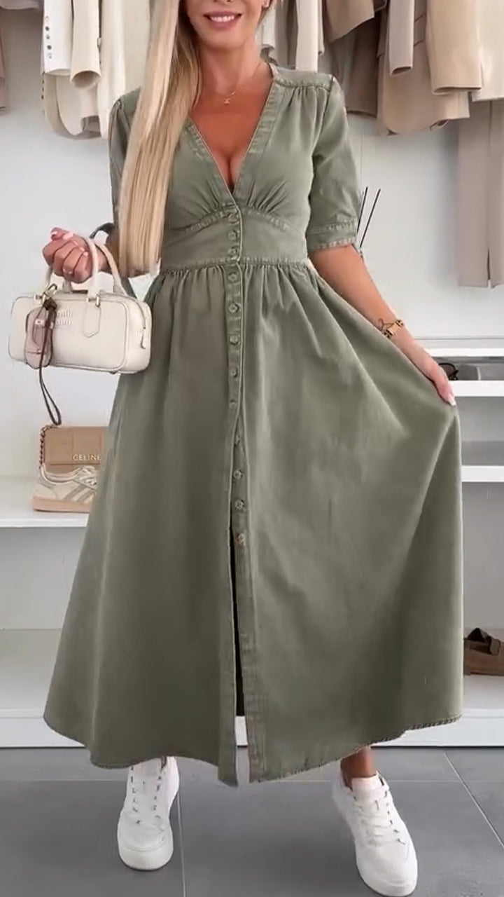 V-neck Bow Tie Button Dress