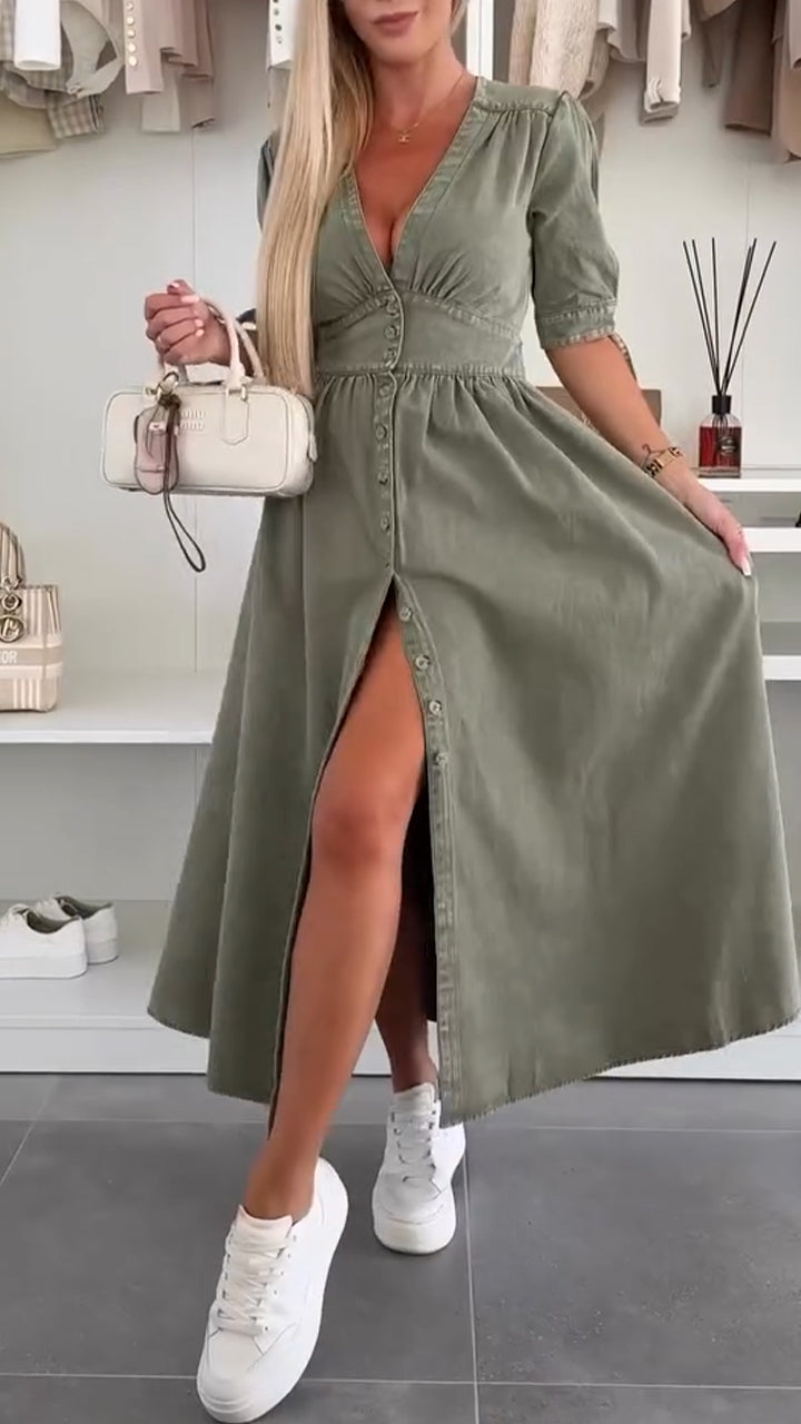 V-neck Bow Tie Button Dress