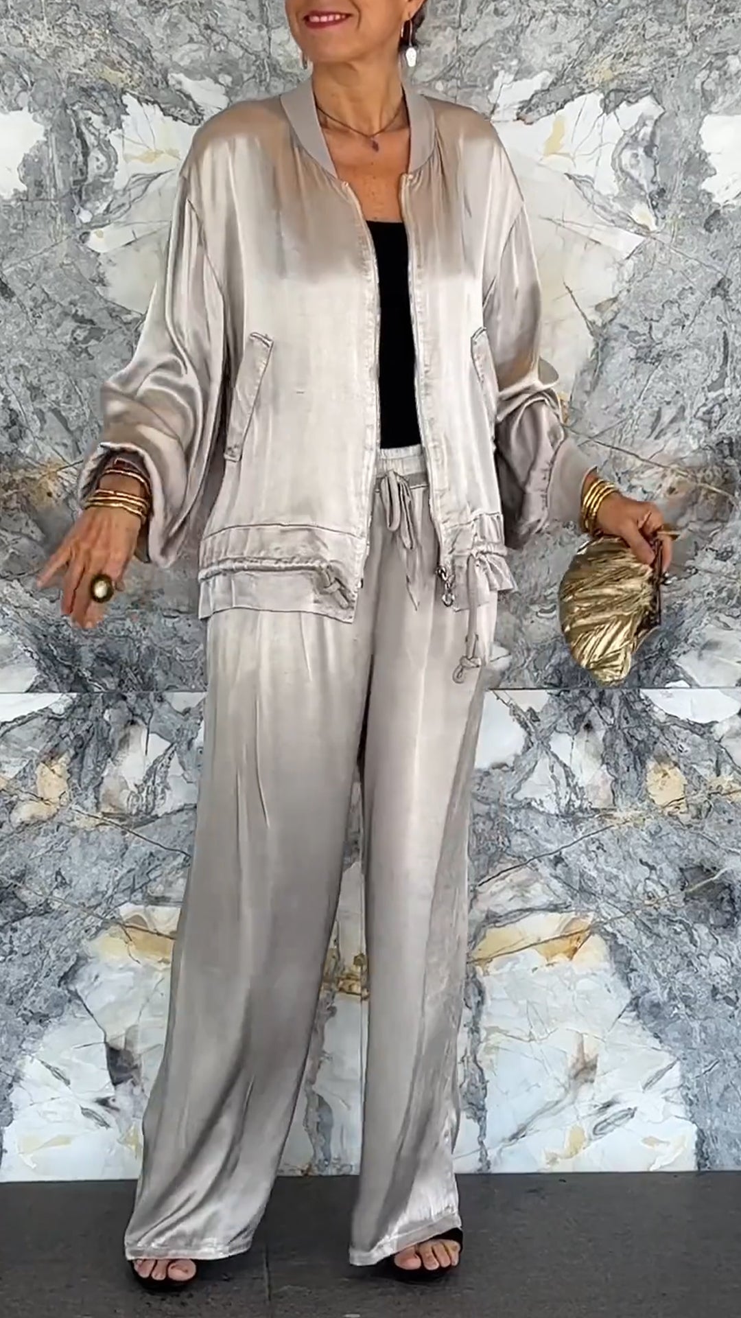 Round Neck Satin Zipper Casual Suit