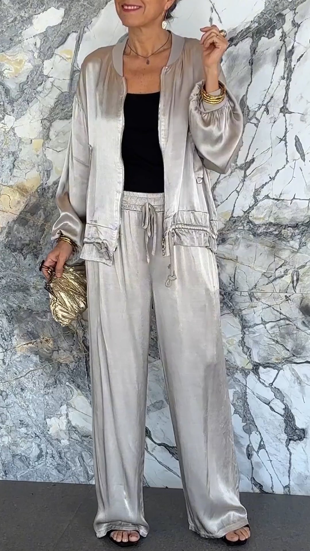 Round Neck Satin Zipper Casual Suit