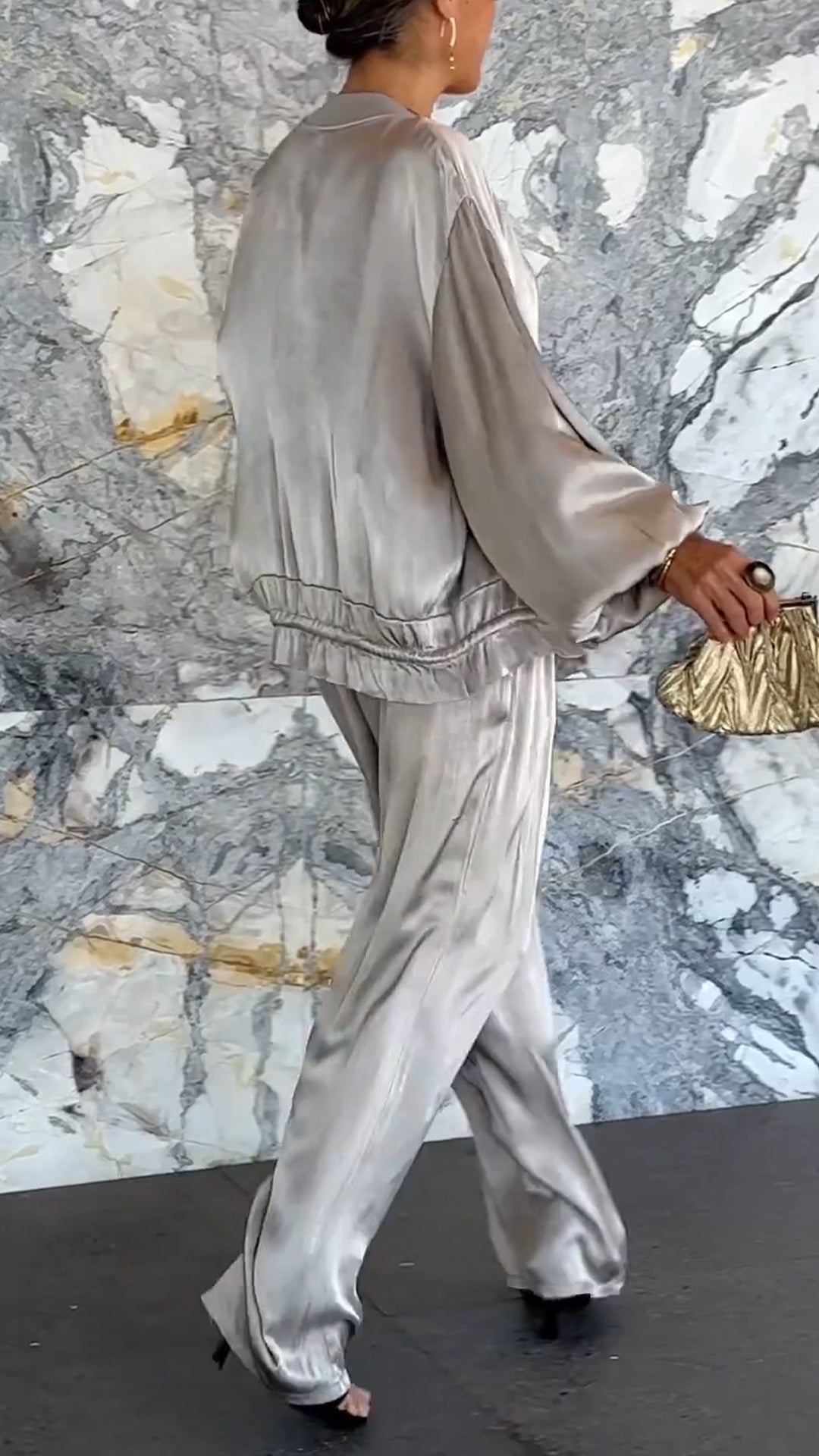 Round Neck Satin Zipper Casual Suit