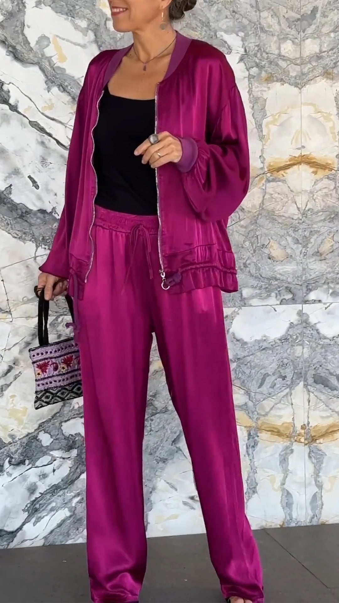 Round Neck Satin Zipper Casual Suit