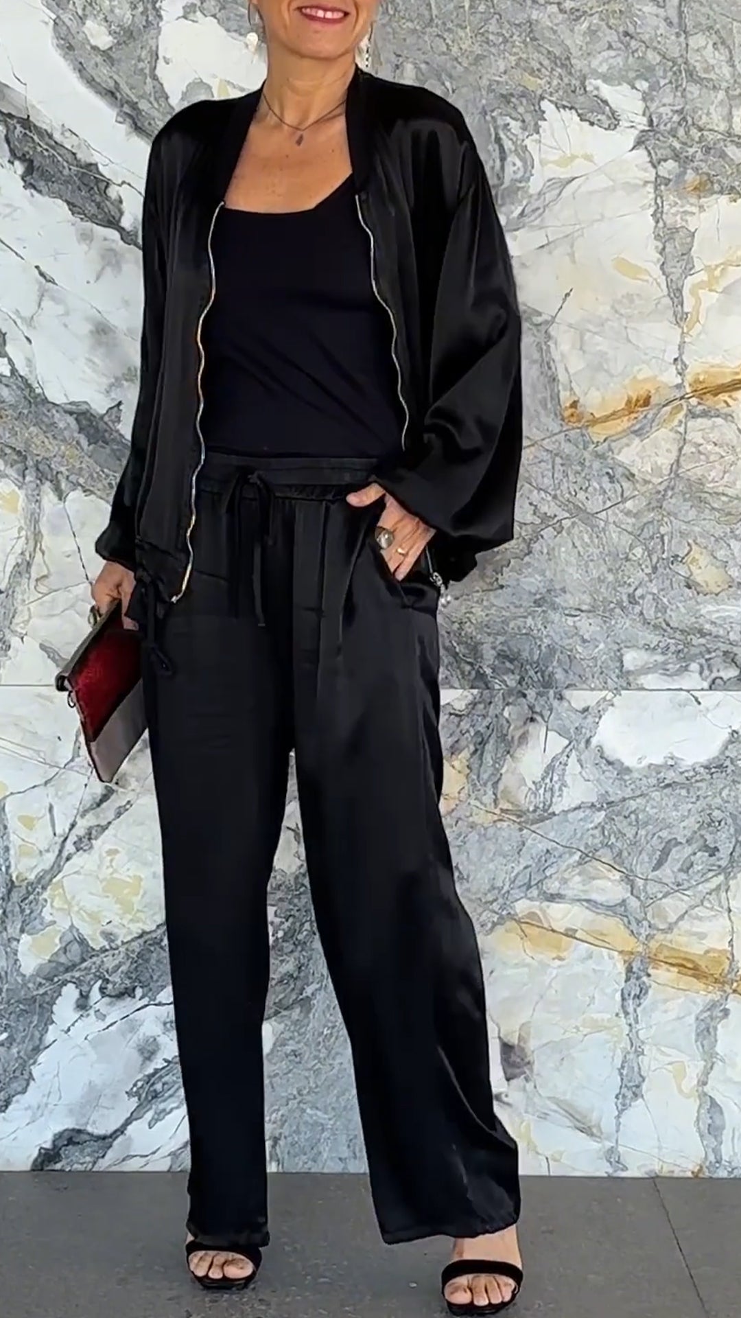 Round Neck Satin Zipper Casual Suit