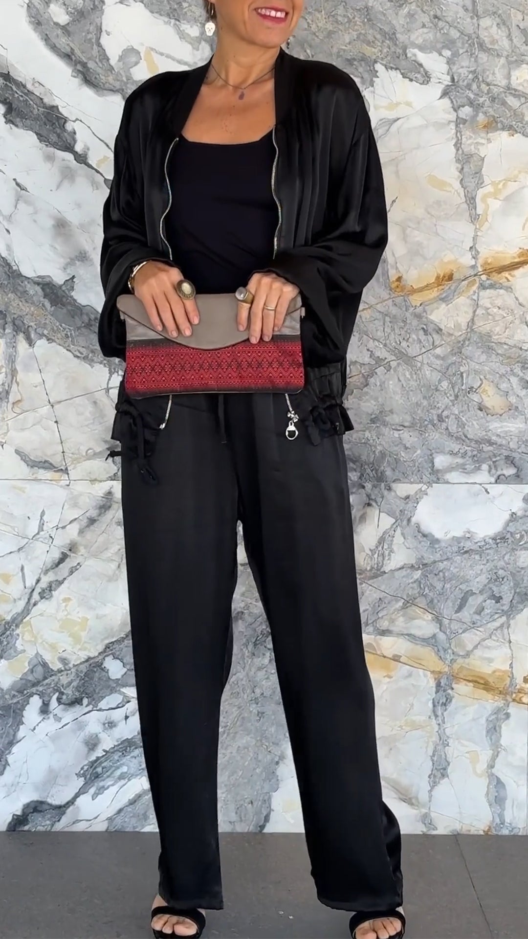 Round Neck Satin Zipper Casual Suit