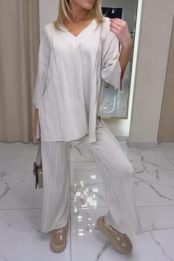 Solid Color V-neck Ribbed Short-sleeved Two-piece Suit