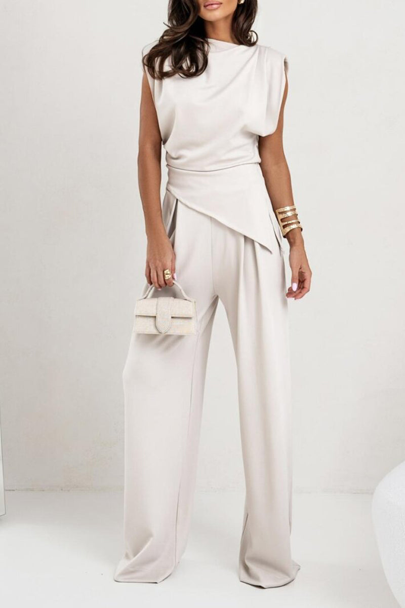 Round Neck Pleated Sleeveless Casual Suit