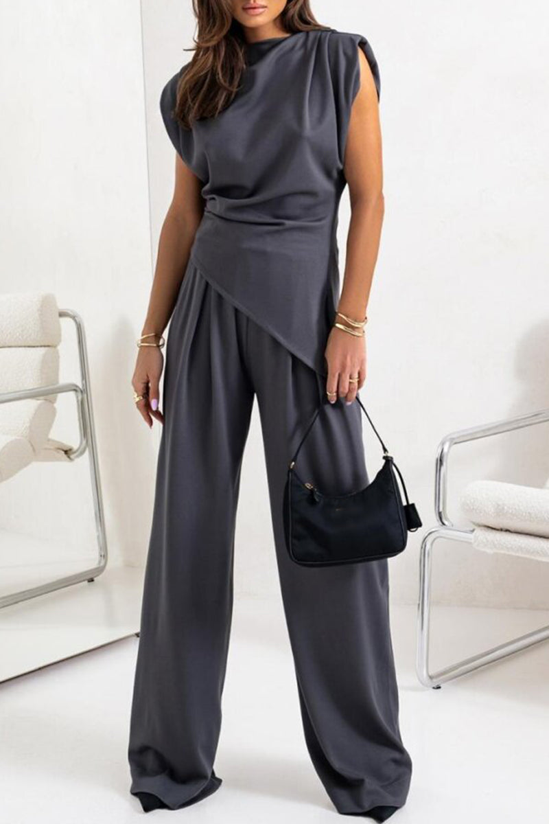 Round Neck Pleated Sleeveless Casual Suit