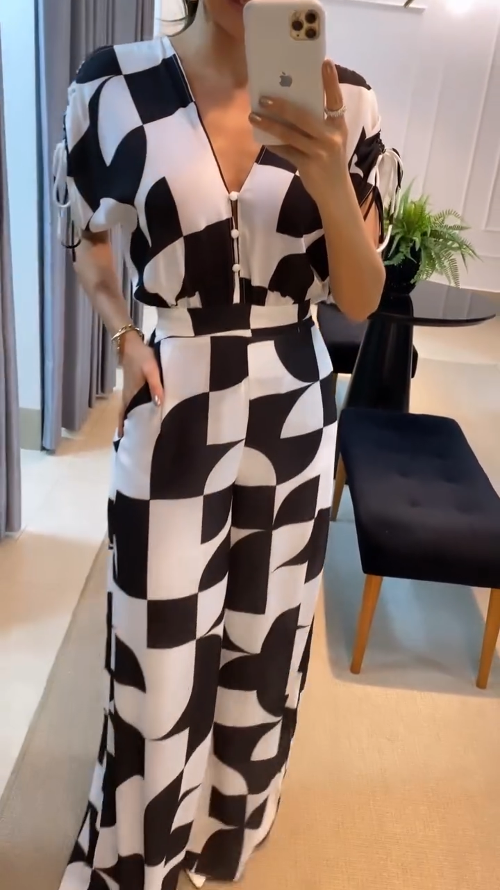 Casual V-Neck Geometric Print Wide Leg Jumpsuit