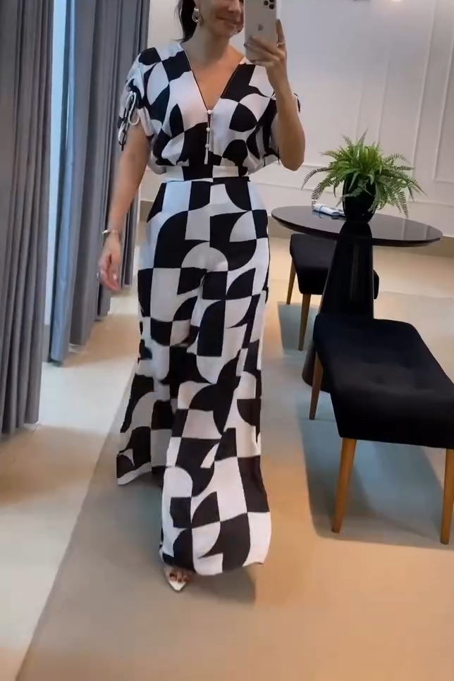 Casual V-Neck Geometric Print Wide Leg Jumpsuit