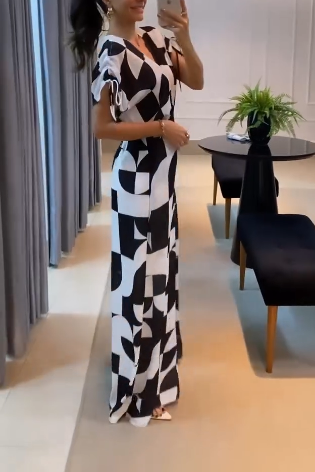 Casual V-Neck Geometric Print Wide Leg Jumpsuit