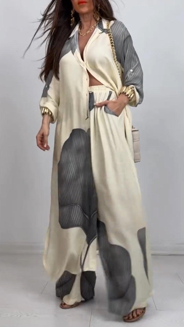 V-neck Patchwork Printed Top and Pants Commuting Casual Suit