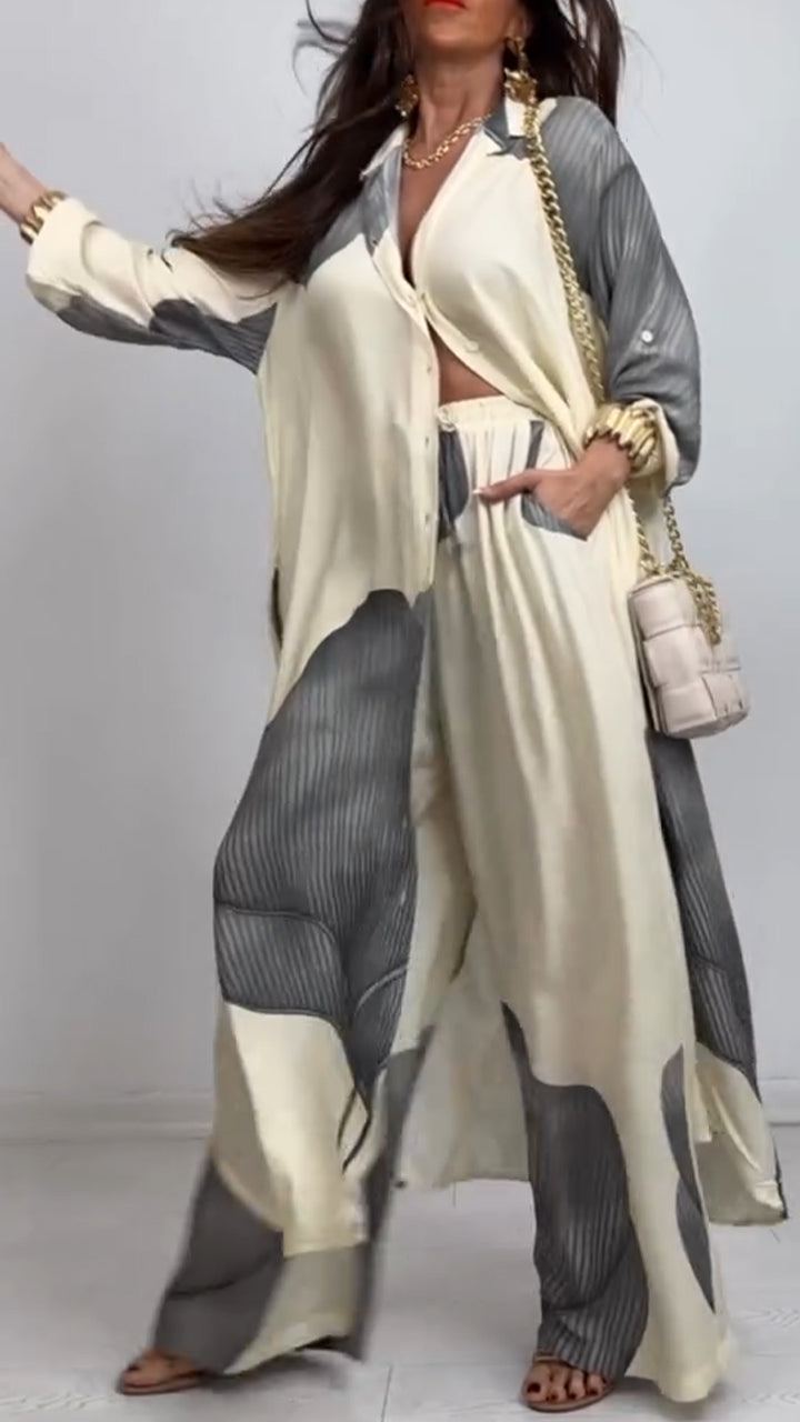 V-neck Patchwork Printed Top and Pants Commuting Casual Suit