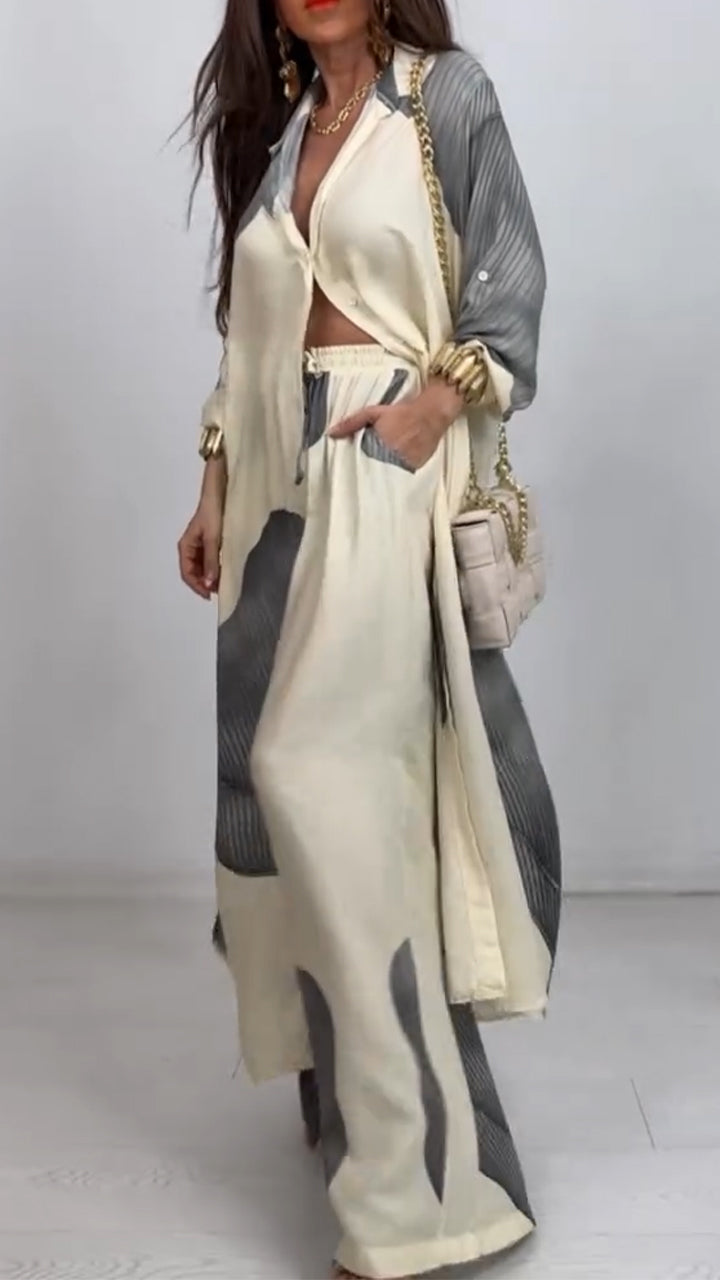 V-neck Patchwork Printed Top and Pants Commuting Casual Suit