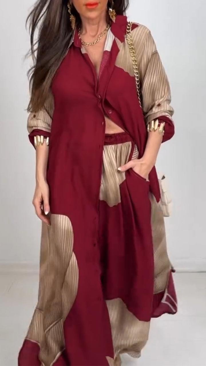 V-neck Patchwork Printed Top and Pants Commuting Casual Suit