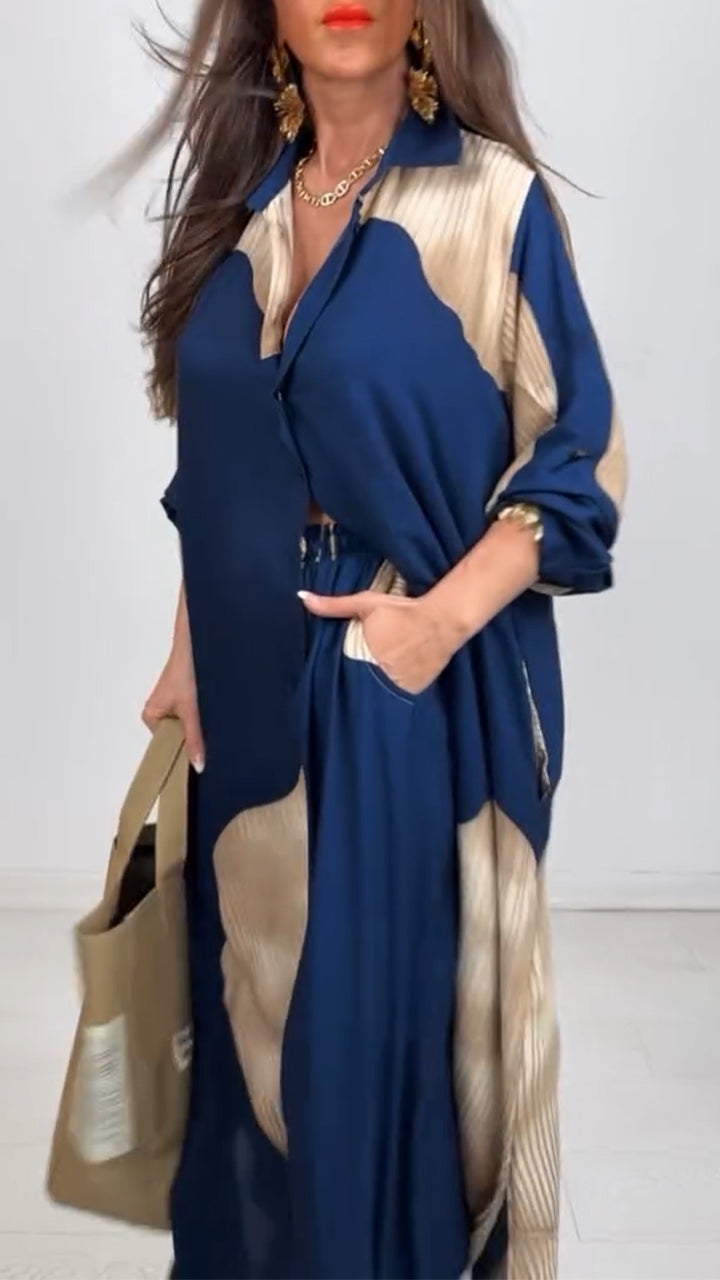 V-neck Patchwork Printed Top and Pants Commuting Casual Suit