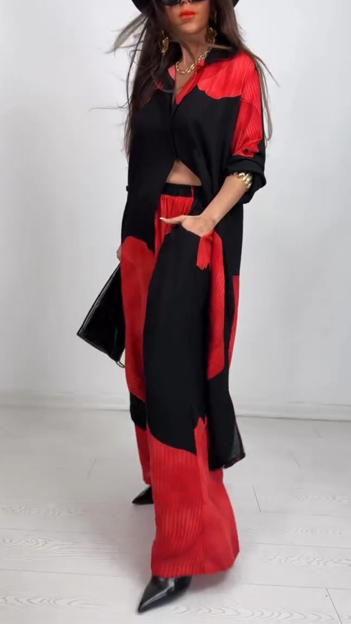 V-neck Patchwork Printed Top and Pants Commuting Casual Suit