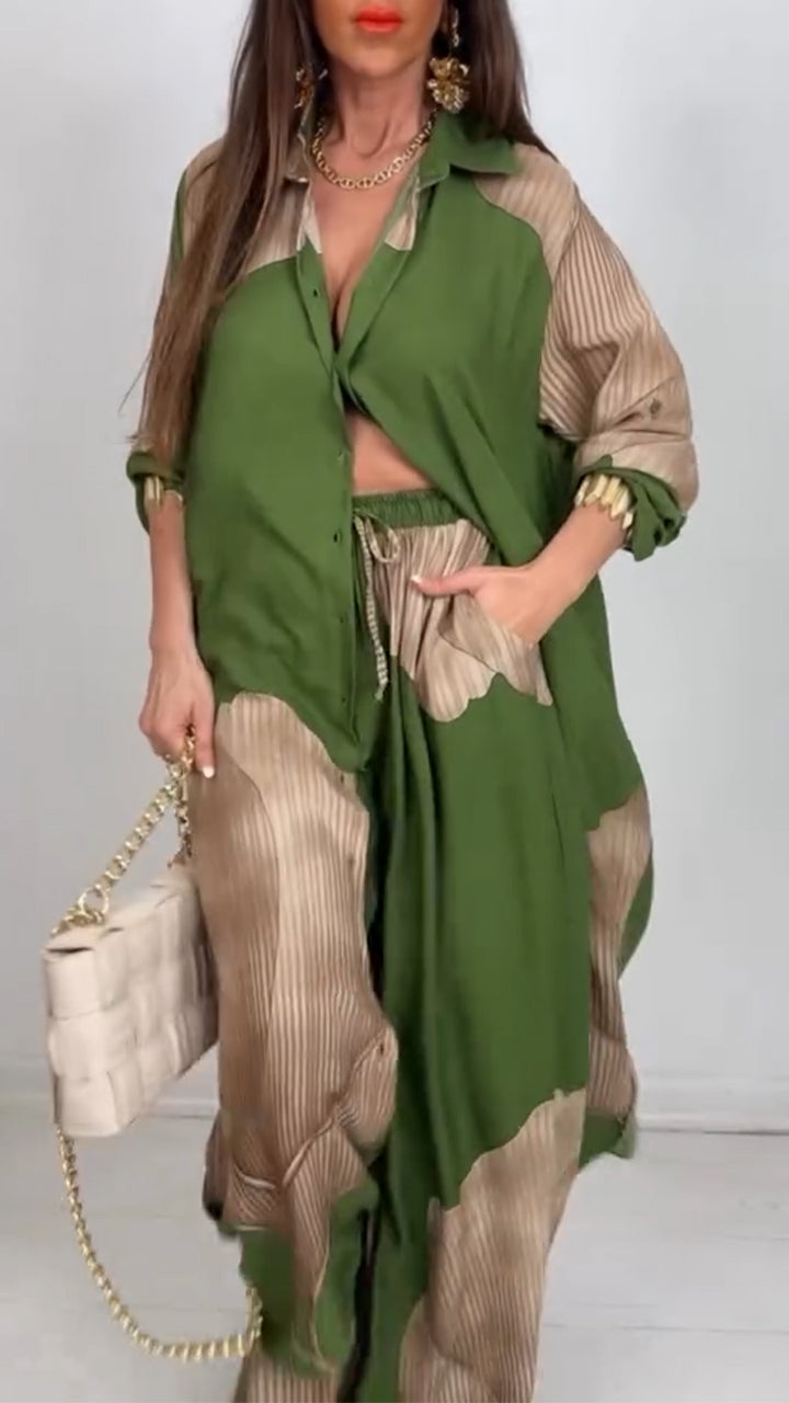 V-neck Patchwork Printed Top and Pants Commuting Casual Suit