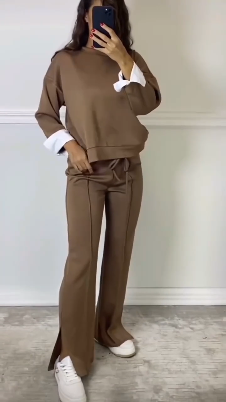 Round Neck Fake Two-piece Long Sleeve Two-piece Suit