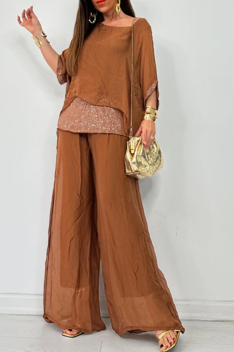 Round Neck Stitching Hollow Top And Pants Casual Suit