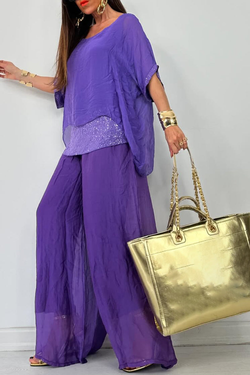 Round Neck Stitching Hollow Top And Pants Casual Suit