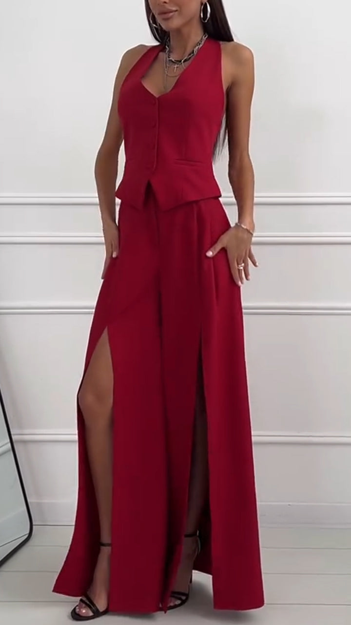 V-neck Vest and Slit Trousers Casual Suit
