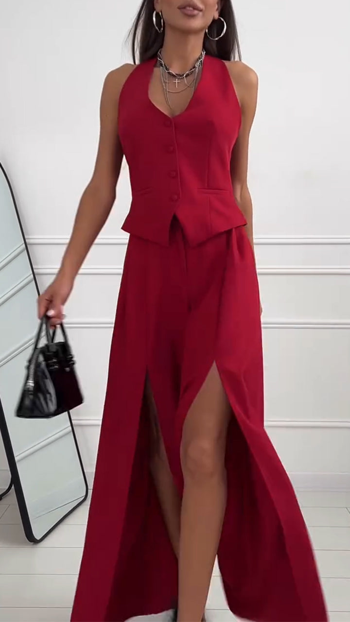 V-neck Vest and Slit Trousers Casual Suit