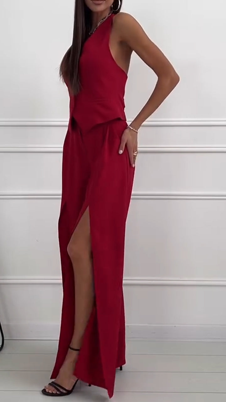 V-neck Vest and Slit Trousers Casual Suit