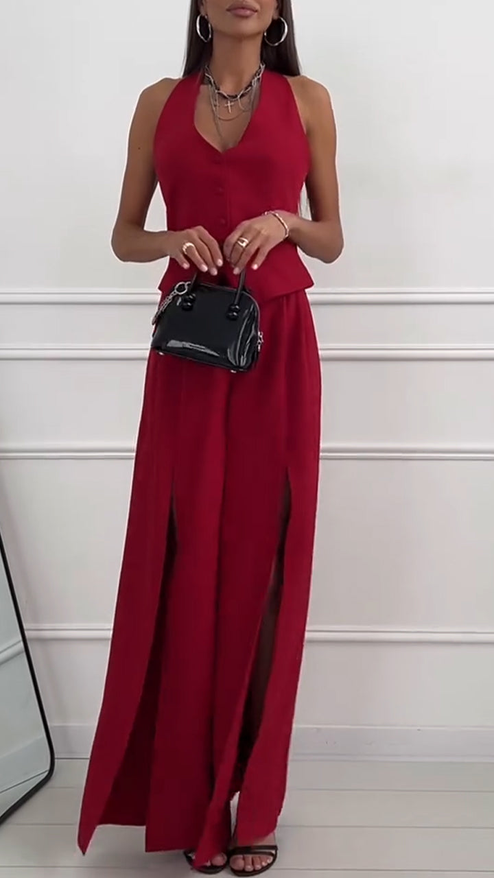 V-neck Vest and Slit Trousers Casual Suit