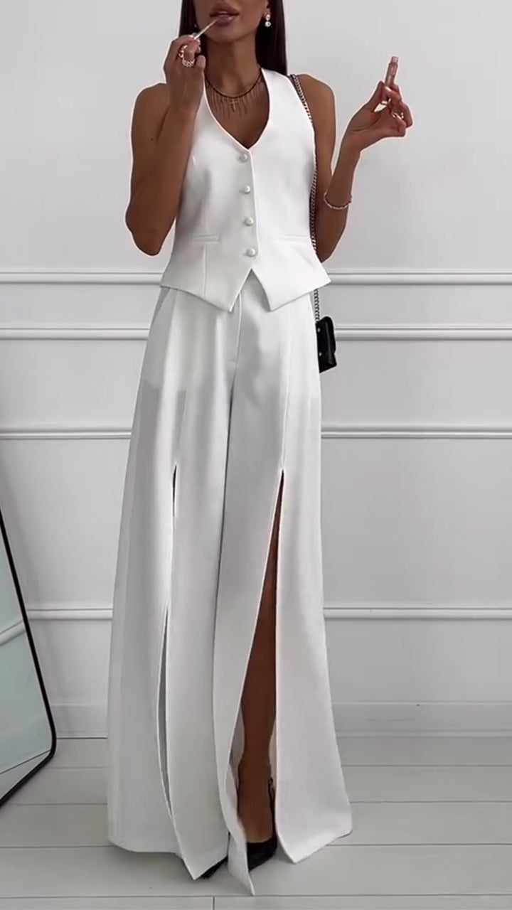 V-neck Vest and Slit Trousers Casual Suit