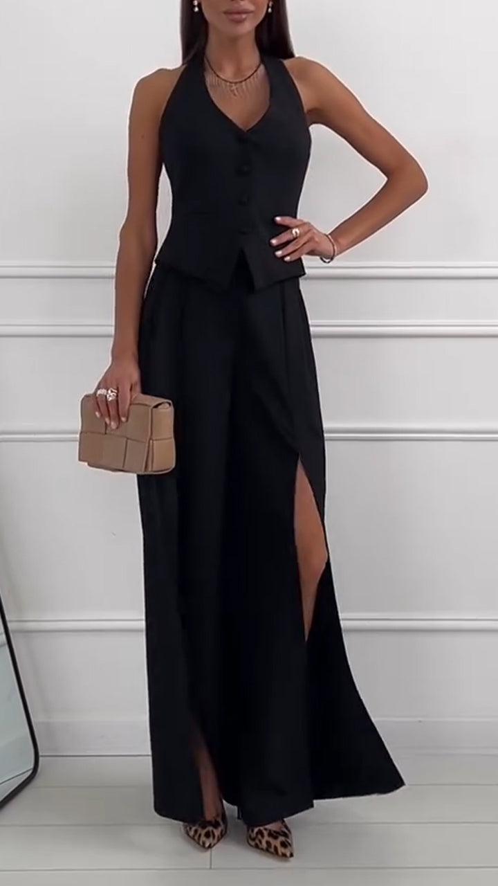 V-neck Vest and Slit Trousers Casual Suit