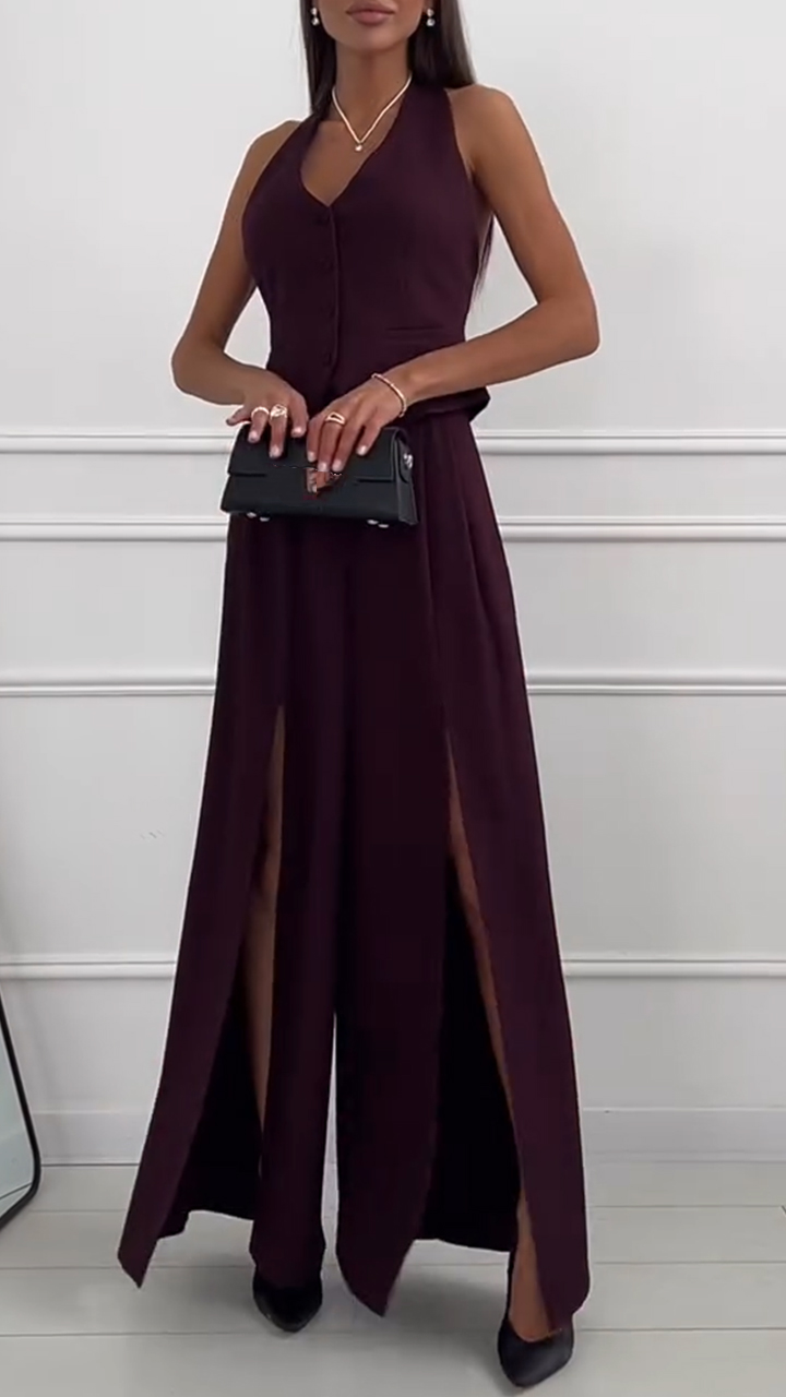 V-neck Vest and Slit Trousers Casual Suit