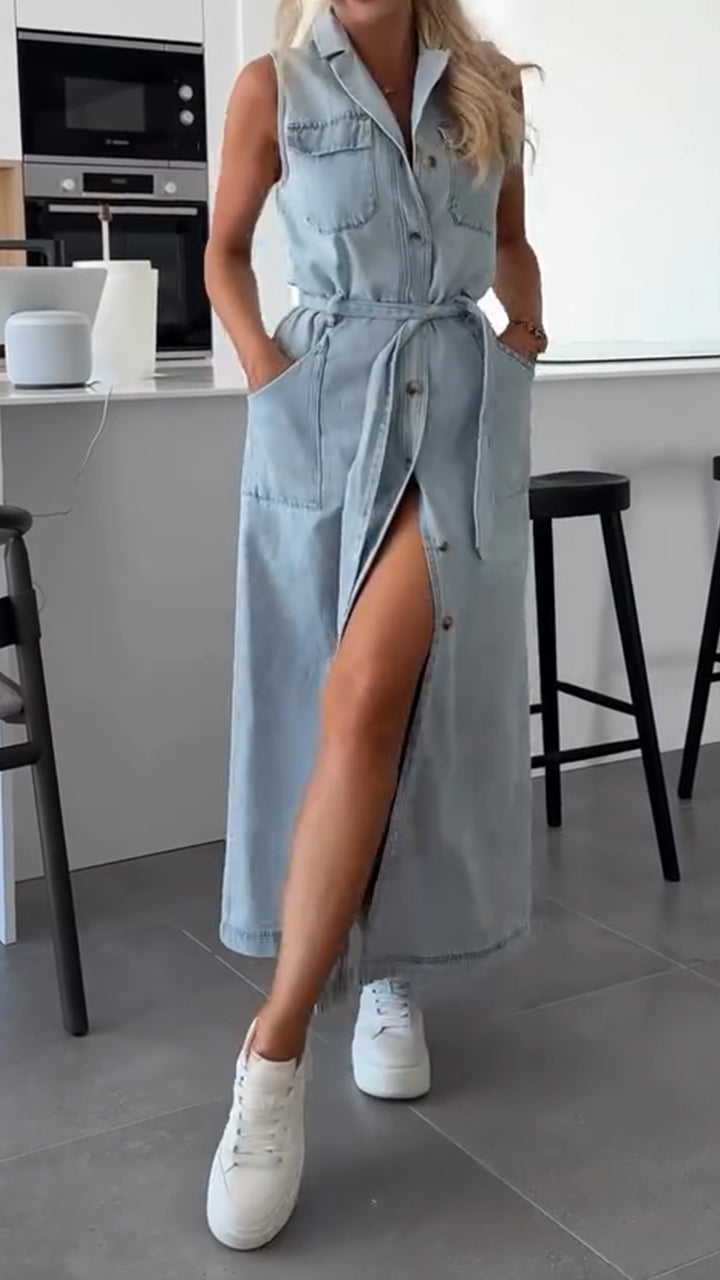 Lapel Denim Slit Casual Dress